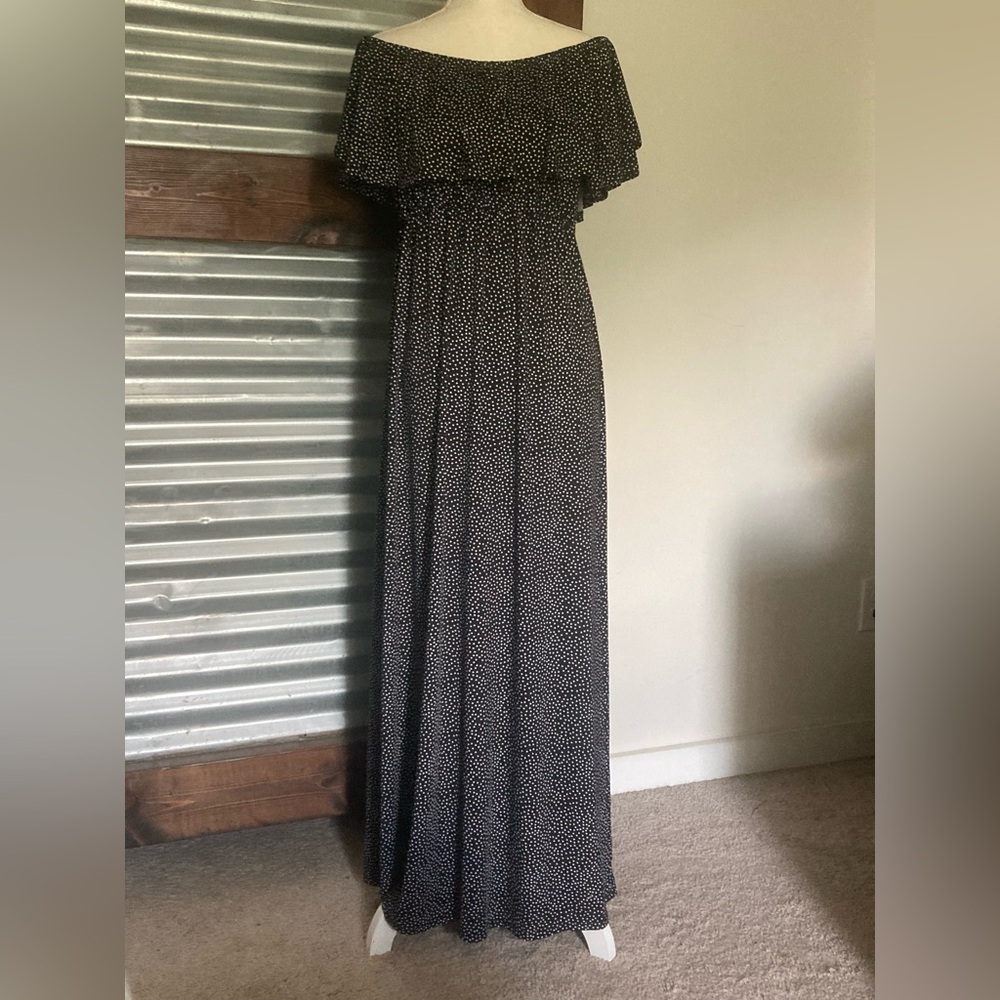 Mary square Black and White  polka dot Off the Shoulder Tiered Maxi Dress
